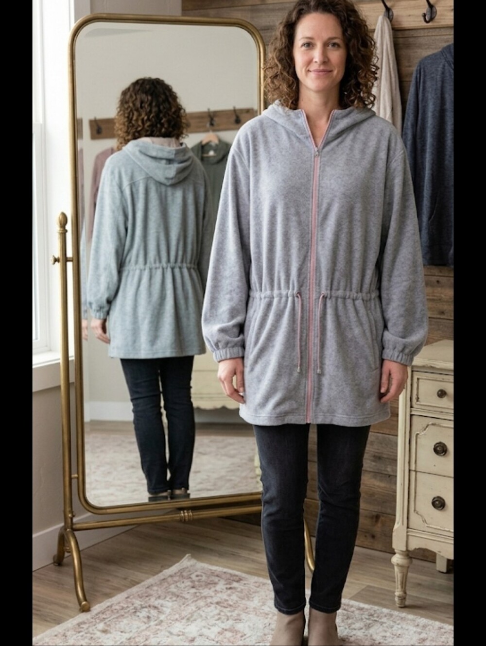 Weather Tamer grey fleece hooded Coat parka L-XL